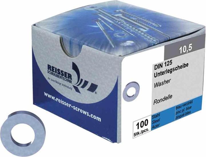Actual product image Reisser Washers, DIN 125, Ø 4.3, steel, galvanised, blue passivated, packed a 100