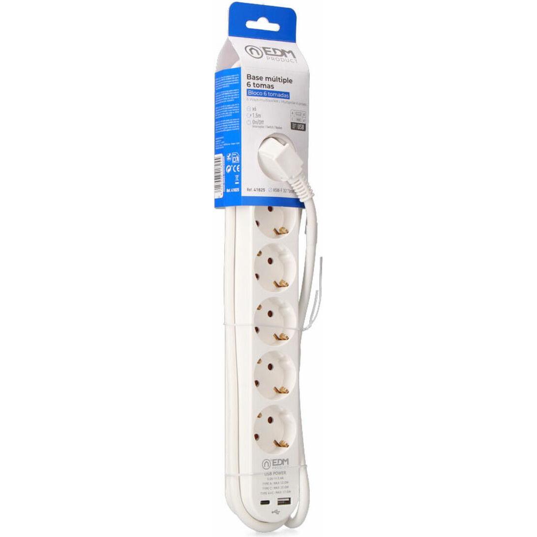 EDM, Ciabatta multipresa, Steckerleiste mit 6 Steckdosen und Schalter 41825 Weiss 3680 W 250 V 30 W (1,5 m) (6x, CEE 7/3, USB-A, USB-C, 1.50 m)