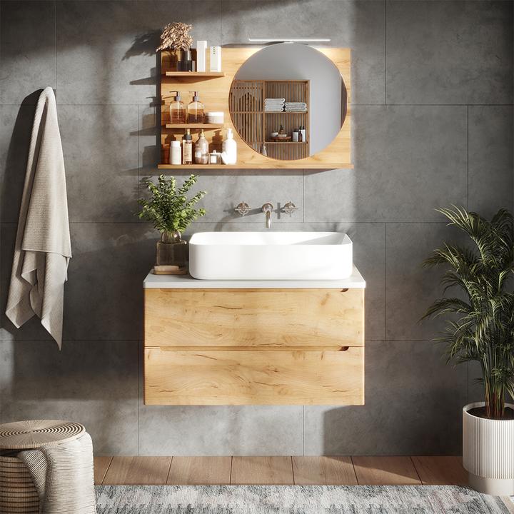 Actual product image Vicco Bathroom mirror cabinet Avena, Oak, 80 x 50 cm with 3 open compartments (80 x 13.50 x 50 cm)