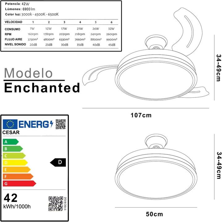 Produktbild Ventilator Decke mit Licht 4 Blätter Einziehbar Weiss