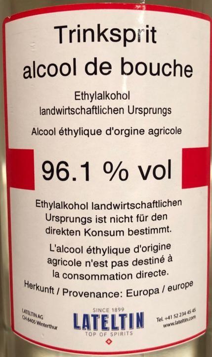Lateltin Trinkspirit Pur Landwirtschaftlichen Ursprungs Ethylalkohol 1 Liter / 96.1 % Europa (1 x 75 cl)