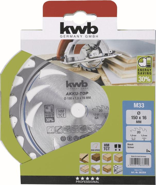 Actual product image kwb AKKU-TOP saw blade f. hand circular saws 150 x 16, 20 teeth, thin cut