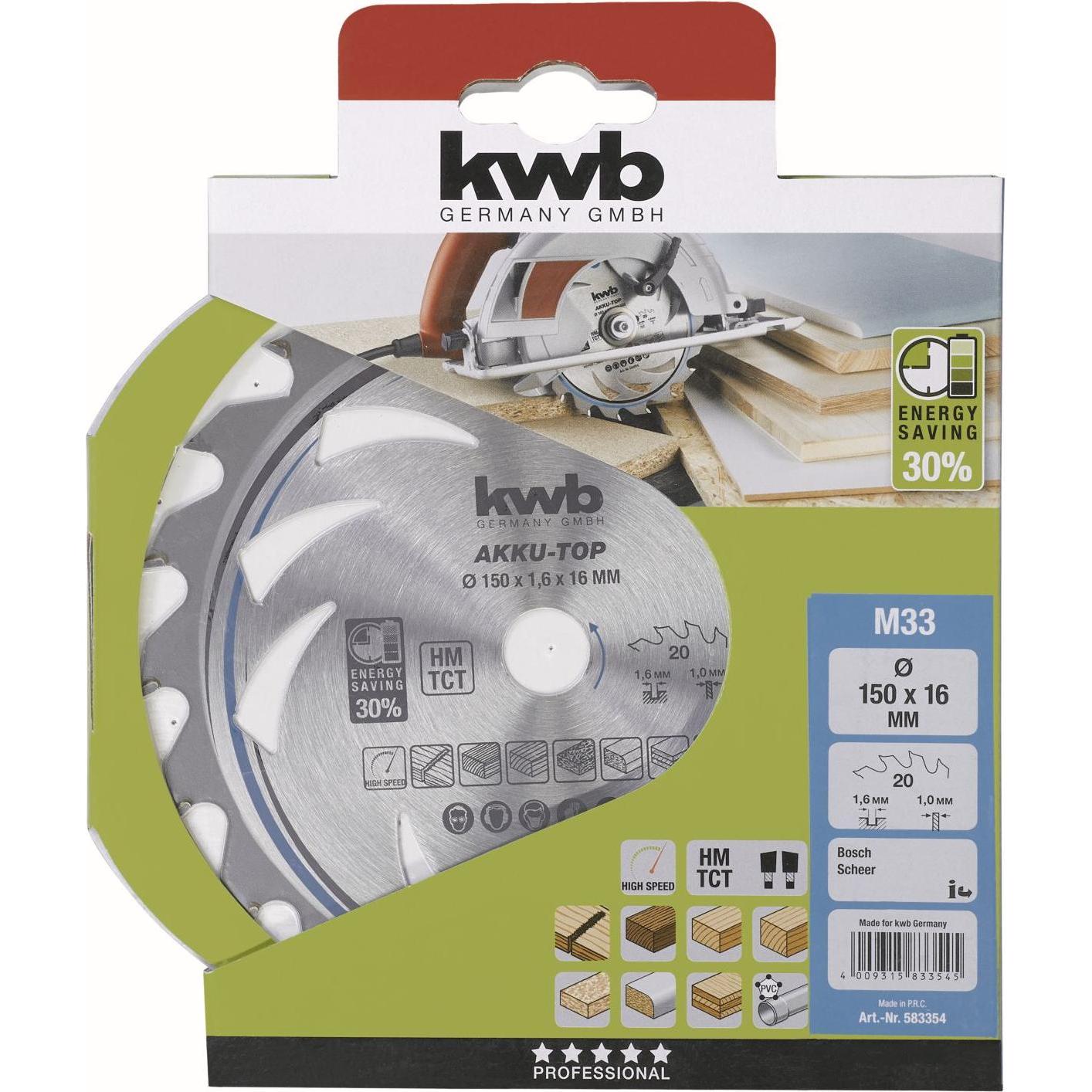 Thumbnail - kwb, Sägeblatt, AKKU-TOP Säge-Blatt f. Hand-Kreissägen 150 x 16, 20 Zähne, Dünn-Schnitt