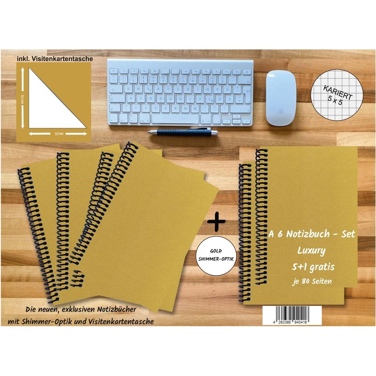 E & Z, Heft + Block, A 6 Notizbuch - Set, 4+2 gratis, Luxury 80 Seiten GOLD GMUND SHIMMER, kariert 5x5mm (A6, Kariert)