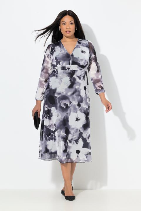 Produktbild Ulla Popken Mesh-Maxikleid, Blüten, A-Linie, V-Ausschnitt, Langarm (52)