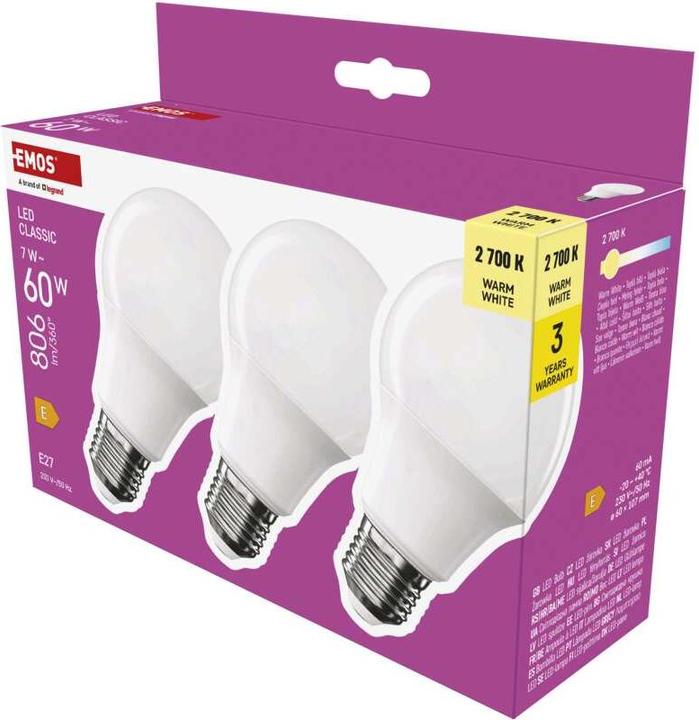 Image du produit Emos Lampe LED Classic A60 / E27 / 7 W (60 W) / 806 lm / Blanc chaud (E27, 7 W, 806 lm, 3 x, E)