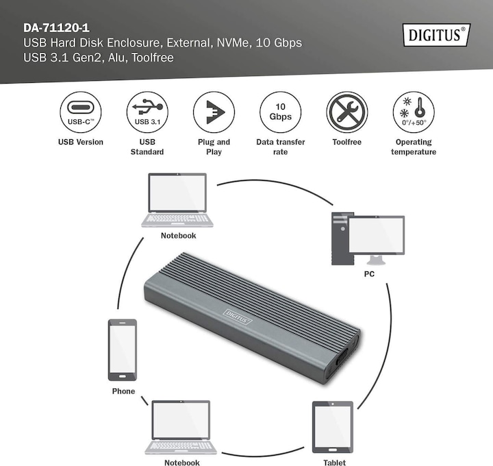 Actual product image Digitus USB M.2 hard disk enclosure, SSD, external, NVMe, 10Gbps, USB 3.1 Gen2, aluminum, toolfree (M.2 2242, M.2 2260, M.2 2280, M.2 2230)