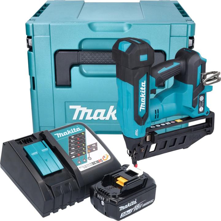1x Makita DBN 601 cordless nailer, 1x adapter (422B86-0), 1x Makita BL 1830 B 18 V 3.0 Ah battery, 1x Makita DC 18 RC battery fast charger, 1x Makita Makpac case