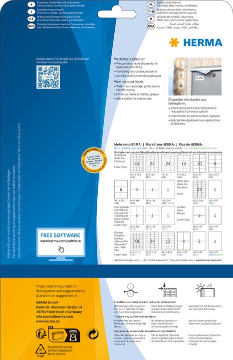Actual product image HERMA Weatherproof inkjet labels A4