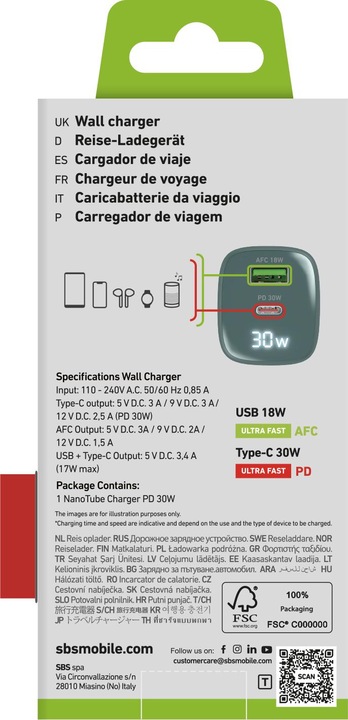 Energie-Label SBS Wandladegerät mit LCD-Bildschirm, 1 USB-C-PD-30W-Ausgang, 1 USB-A-18W-Ausgang (30 W)