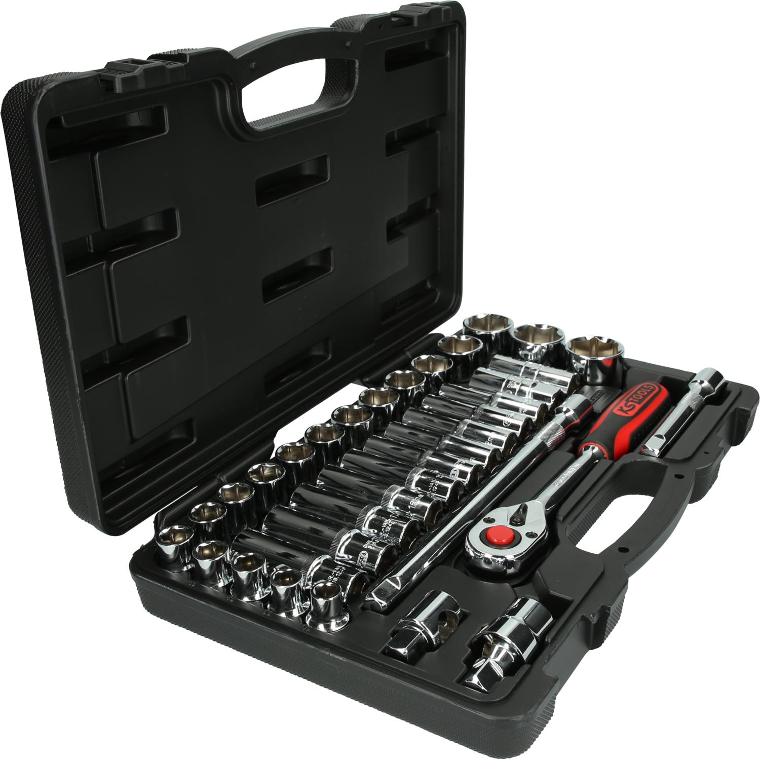 KS Tools, Steckschlüssel + Stecknuss, 1/2" CHROMEplus Steckschlüssel-Satz, 35 Teile, Flank Traction (1/2")