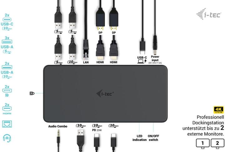 Produktbild i-tec Cadual4kdockpd2 (USB-C, Thunderbolt, 13 Ports)