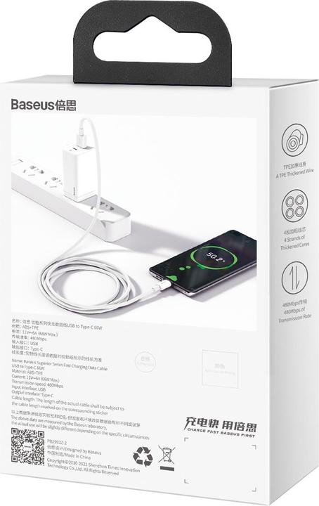 Actual product image Baseus USB A – USB C (1 m, USB 2.0, 66 W)