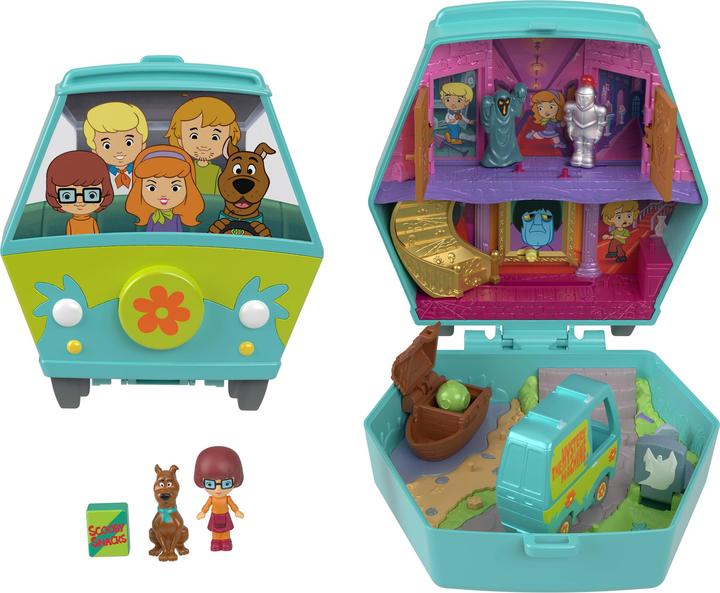 Mattel Polly Pocket Micro Dolls and Playset, Scooby Doo Partnership Compact with Scooby and Velma, Toy Car