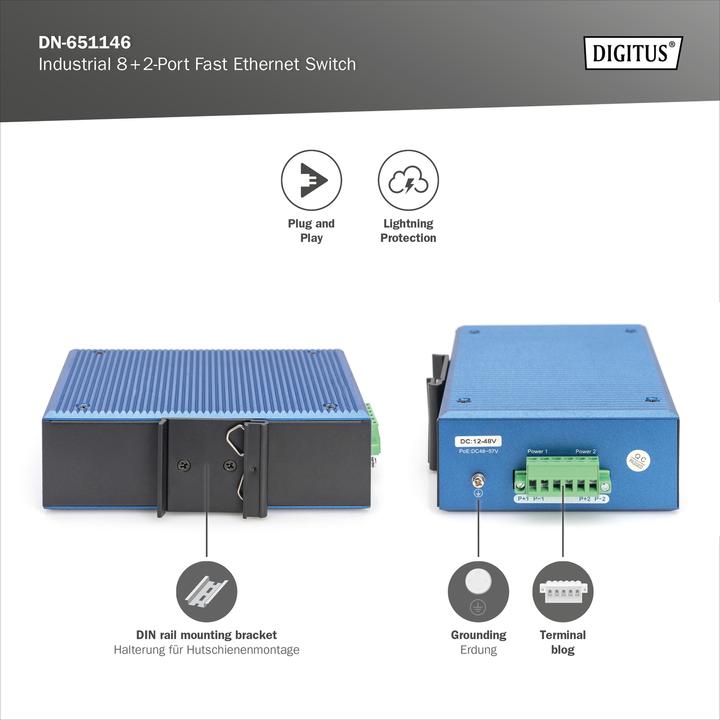 Immagine prodotto Digitus Switch Fast Ethernet industriale a 8+2 porte (8 porte)
