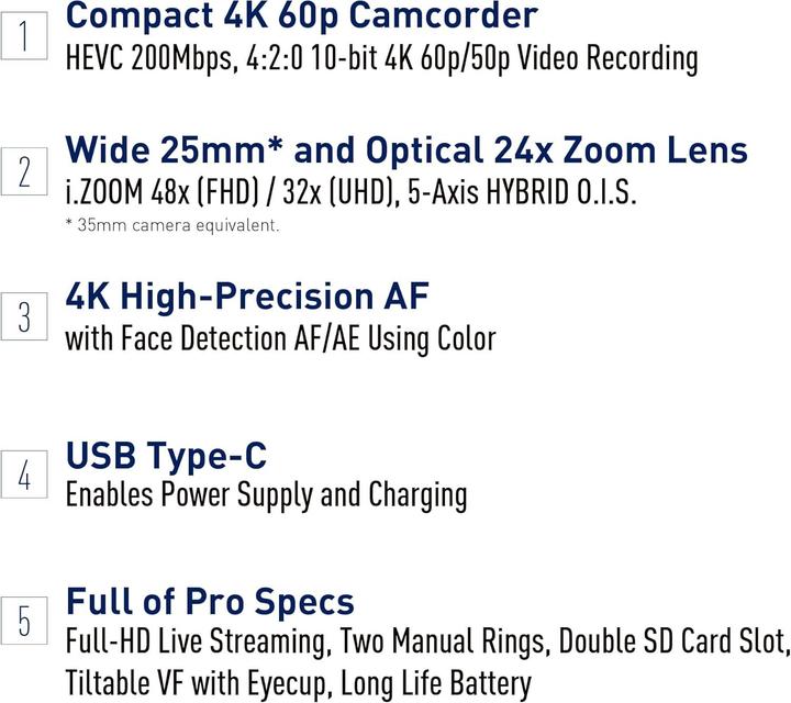 Valeurs nutritives et ingrédients Panasonic HC-X1600E (8.29 Mpx, 50p, 24 x)