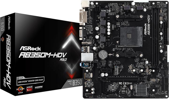 Actual product image AsRock AB350M-HDV R3.0 AMD Promontory B350 Socket AM4 micro (AM4, AMD B350, mATX)