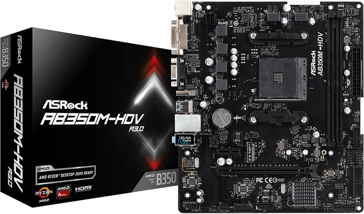 Actual product image AsRock AB350M-HDV R3.0 AMD Promontory B350 Socket AM4 micro (AM4, AMD B350, mATX)