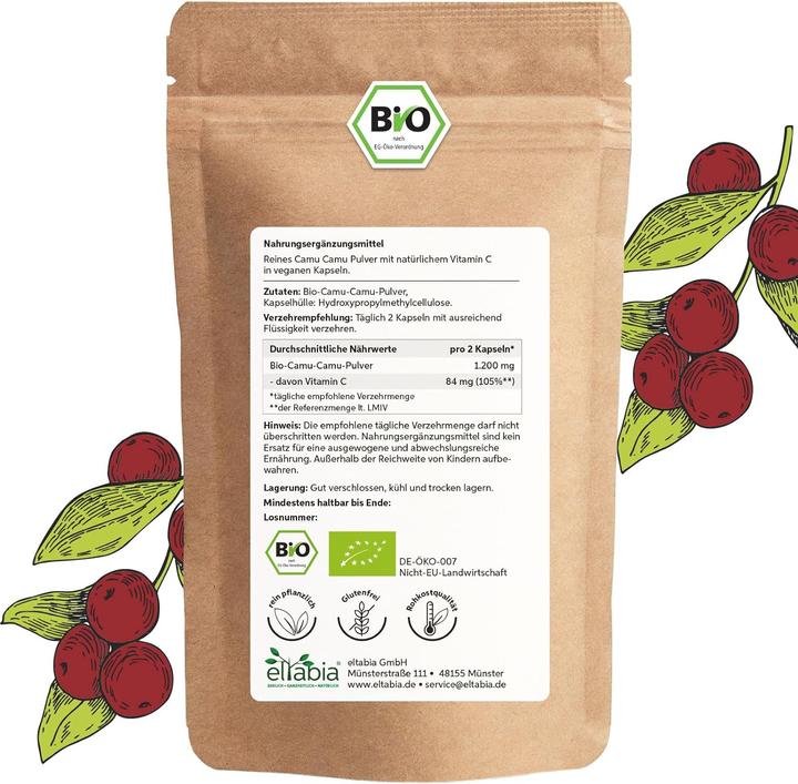 Produktbild Eltabia Bio Camu Camu Kapseln | Hochdosiert 84mg Tagesdosis | 100% natürliches Vitamin C (200 Stück, Kapseln)