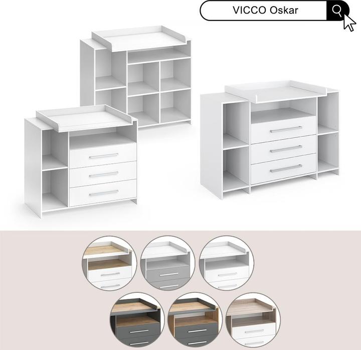 Produktbild Vicco Wickelkommode Oskar, Weiss/Goldkraft Eiche, 113 x 93 cm mit 3 Schubladen
