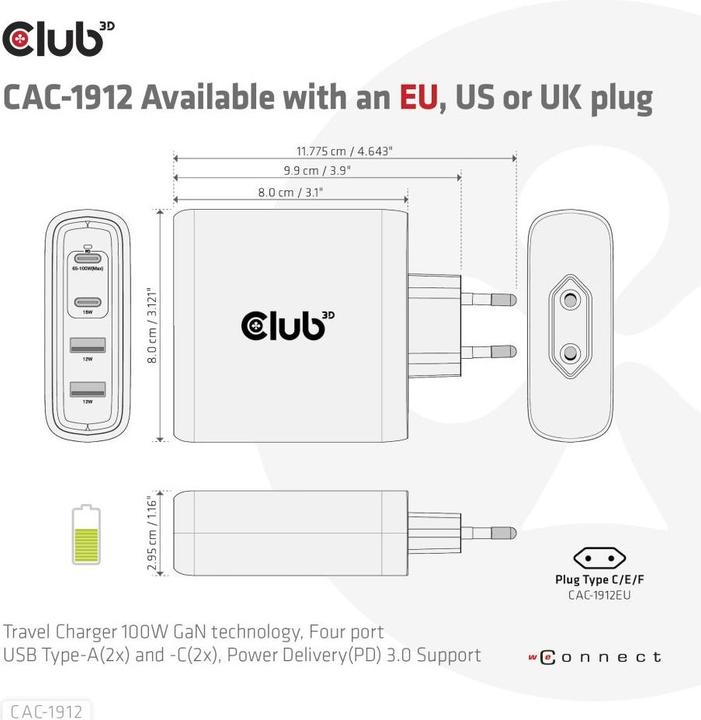 Produktbild Club 3D Ladegerät 2xUSB Typ C, 2xUSB Typ A, PD 100W retail (100 W, 4 Ports)