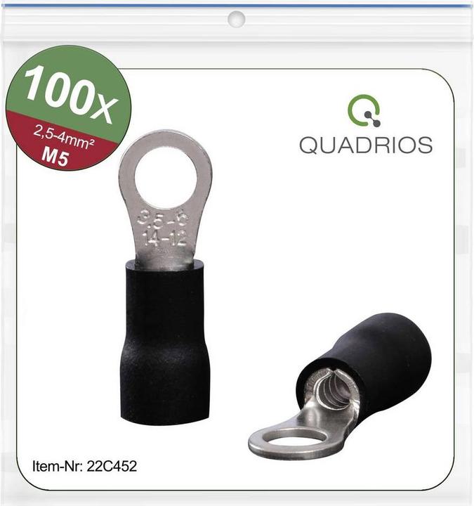 Produktbild Quadrios 22C452 Ringkabelschuh Querschnitt (max.)=4.0 mm² Loch-Ø=5.3 mm Teilisoliert Schwarz 1 Set