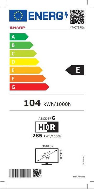 Label énergétique Sharp 75FQ5EG (75", QLED, 4K, 2023)