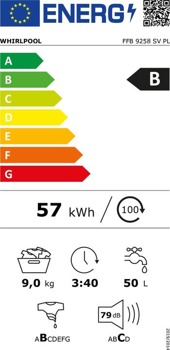 Energie-Label Whirlpool Freistehende Waschmaschine FFB 9258 SV DE 9 kg 1200 U/min weiss (9 kg, Links)