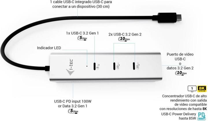 Produktbild i-tec USB-C Charging Metal HUB 5port with USB-C video 8K + Power Delivery 85W (USB-C, 5 Ports)