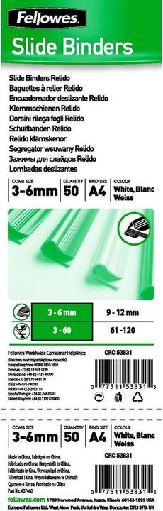 Produktbild Fellowes Klemmschiene Relido, A4, 3 - 6 mm Fllh”he, weiá