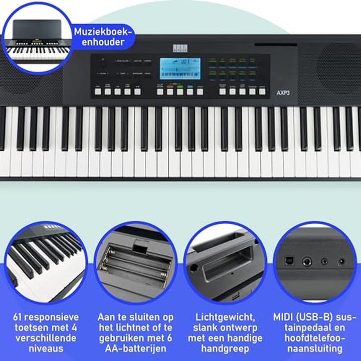 Productafbeelding Axus 61-Key Portable Touch-Sensitive Lightweight Keyboard with Power Supply, 450 Voices, and Music Stand (61 Sleutels)
