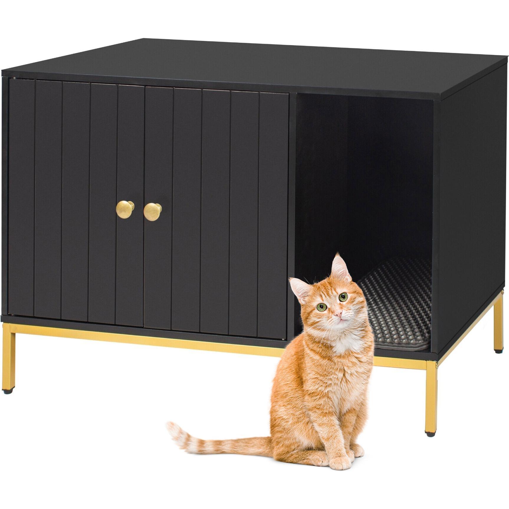 Comparer les prix de Armoire pour litière Relaxdays avec tapis et entrée H x L x P : 55 x 80 x 50 cm noir/doré