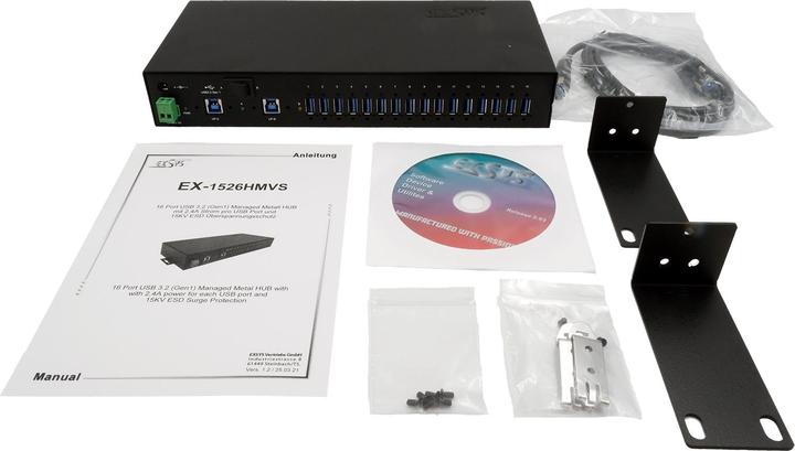 Immagine prodotto Exsys HUB USB 3.2 a 16 porte per rack da 48,30 cm (19"), incl. cavo USB3.2 e kit di guide DIN (USB-B, 16 Porti)