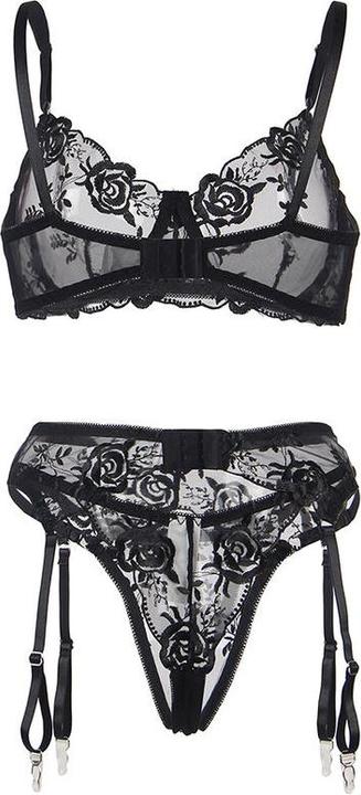 Produktbild Subblime 3-Teiliges Set Bh + String + Strumpfband Blumenprint Schwarz L/Xl (L, XL)