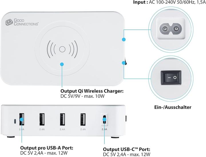 Immagine prodotto Good Connections Stazione di ricarica USB da tavolo 60W, 5 porte (1x USB-Câ"¢ e 4x USB-A), ricarica wireless Qi da (60 W, 5 porte)