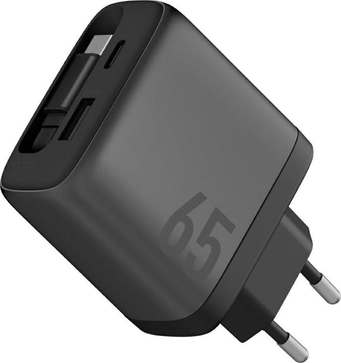 Produktbild Energea Wall charger Ampcharge Arc 65 USB-A/USB-C + retractable USB-C cable PD/PPS/QC3.0 GaN gunmeta (65 W, 2 Ports)