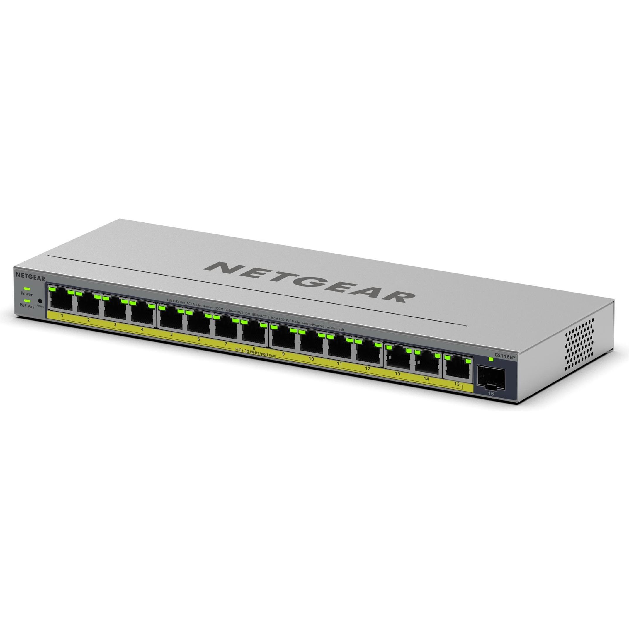 Netgear 16PT GB PLUS SWICH W/ POE+ GS116EP (16 Ports), Netzwerk Switch, Grau