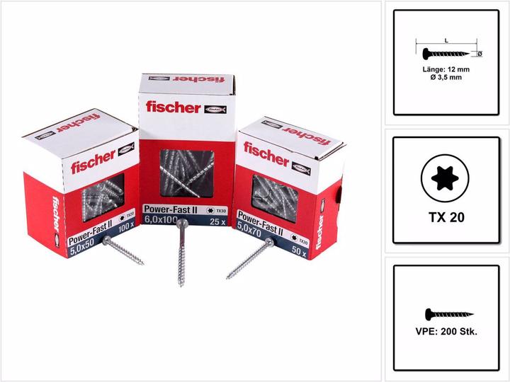 Produktbild Fischer Power-Fast II FPF II Spanplattenschraube 3,5x12 mm 200 Stück ( 670097 ) Pan Head mit Torx Vo (200 Schrauben pro Stück)