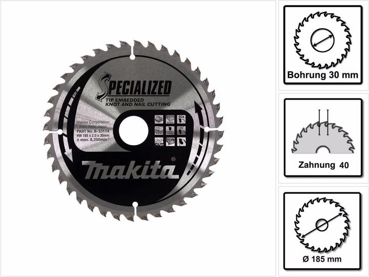 Productafbeelding Makita SPECIALIZED cirkelzaagblad 185 x 30 x 2 mm 40 tanden ( B-33174 )