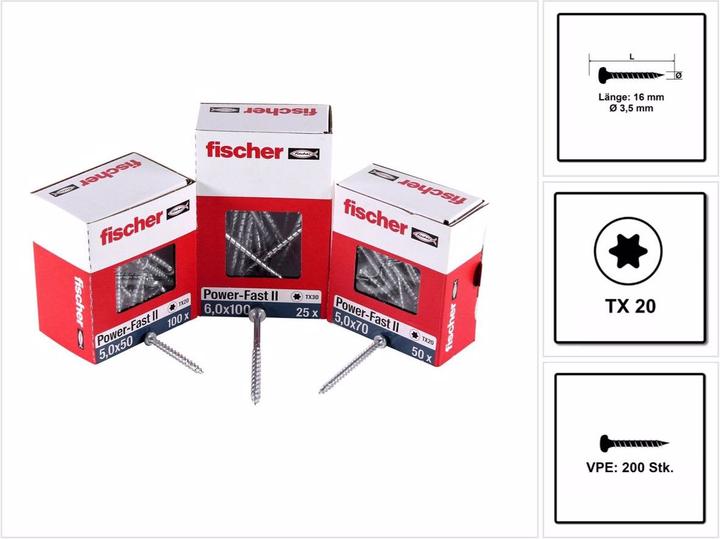 Immagine prodotto Fischer Power-Fast II FPF II Viti per legno 3,5x16 mm, 200 pz. ( 670099 ) Testa tonda, Torx, filetta (200 Viti per pezzo)