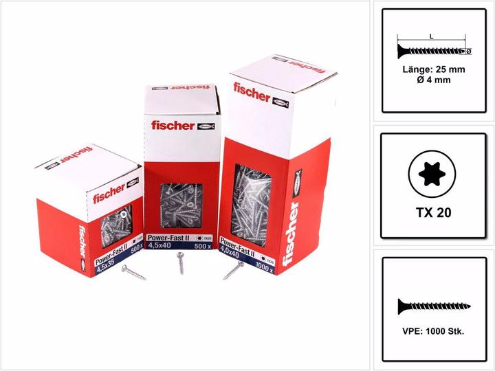 Immagine prodotto Fischer Vite per pannelli truciolari Power-Fast II FPF II 4,0x25 mm 1000 pezzi ( 670624 ) testa svasata con (1 Vite per pezzo)