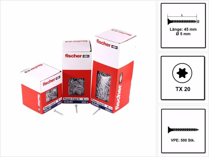 Actual product image Fischer Power-Fast II FPF II chipboard screw 5,0x45 mm 500 pieces ( 670357 ) countersunk head with Torx Vo (500 Screws per piece)