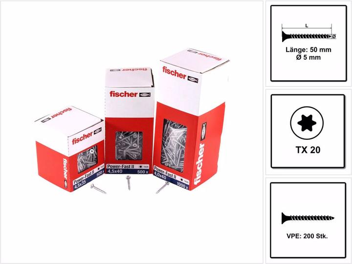 Actual product image Fischer Power-Fast II FPF II Chipboard screw 5,0x50 mm 200 pieces ( 670358 ) countersunk head with Torx Vo (200 Screws per piece)