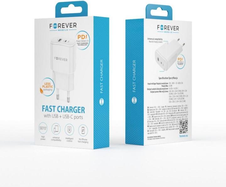 Actual product image Forever TC-01-20AC PD QC charger 1x USB-C 1x USB 20W white (20 W, 2 ports)