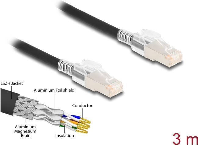 Actual product image Delock RJ45 network cable Cat.6A S/FTP with Secure Clips Set 3 m black (S/FTP, CAT6a, 3 m)