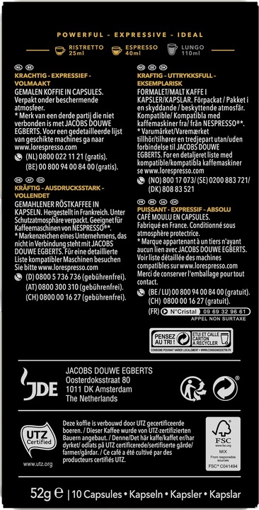 Valeurs nutritives et ingrédients L’OR Espresso Capsules de café Espresso Ristretto 10 pièces (10 x Port.)