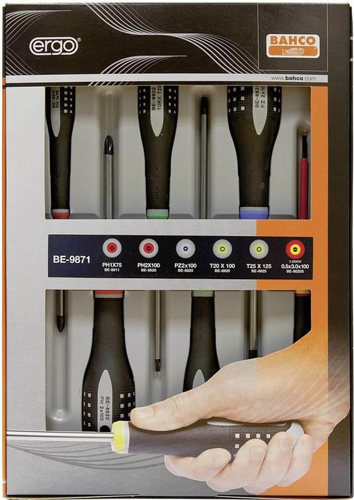 Produktbild Bahco ERGO Schraubendreher-Satz für Schlitz-, Phillips-, Pozidriv- und TORX-Schrauben mit Gummigriff - (Phillipps-Kreuzschlitz (PH), Pozidriv-Kreuzschlitz (PZ), Schlitzschrauben, TX)
