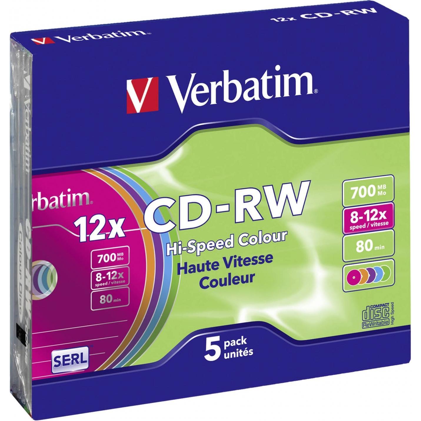 Verbatim CD-RW, 12x, 700MB, 5er Pack, Colour (5 x), Optischer Datenträger