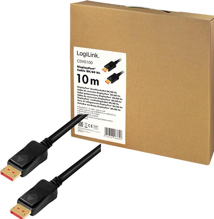 Image du produit LogiLink Câble DisplayPort, DP/M à DP/M, 8K/60 Hz, AMP, noir, 10 m (10 m, DisplayPort, 1.4)