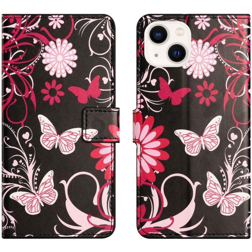 Cover-Discount iPhone 14 - Leder Etui Hülle Schmetterling schwarz (Apple iPhone 14), Smartphone Hülle, Schwarz